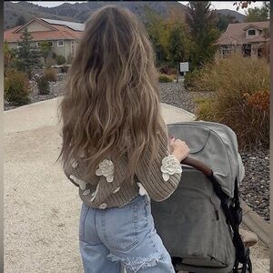 For Love And Lemons Brown Sweater with White Floral Accents